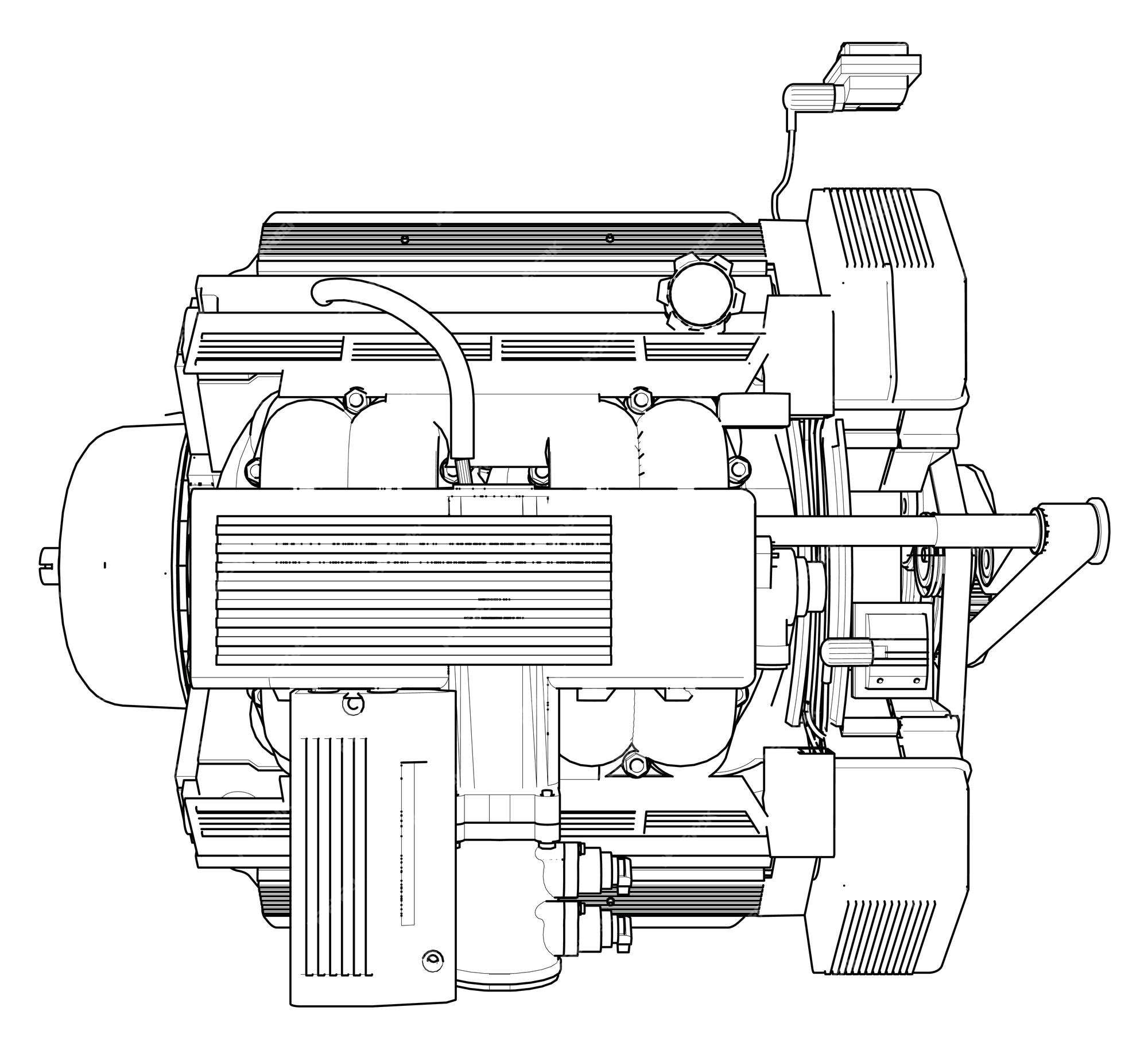 Motor de carro poderoso. o motor é desenhado com linhas pretas sobre fundo  branco.