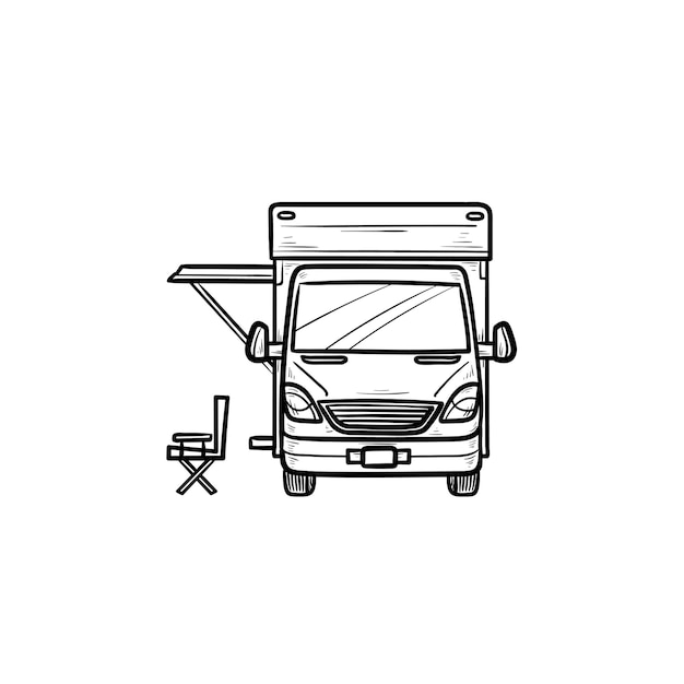 Motorhome com ícone de doodle de contorno desenhado de mão de barraca. caravana e férias, recreação e rv, conceito de campista