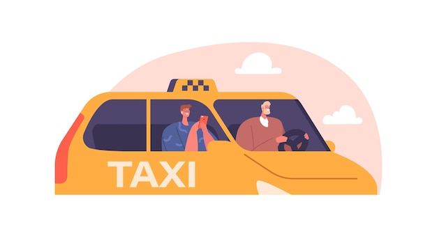 Motorista de táxi e cliente no salão de táxi vista lateral homem dirigindo o passageiro do carro com personagens de smartphone no táxi