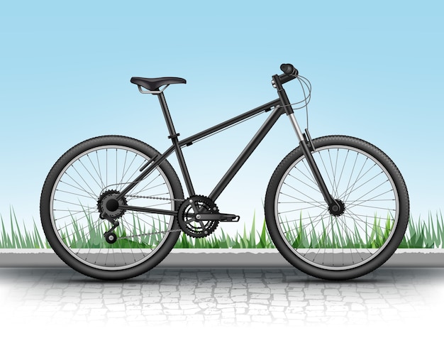 Vetor mountain bike realista isolada em fundo gradiente com grama e pedras