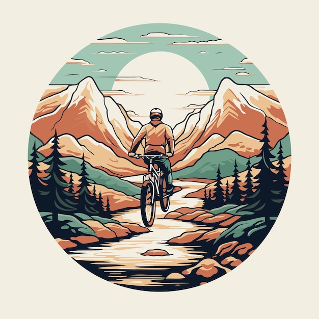 Mountain biker passeios na bicicleta nas montanhas ilustração vetorial em estilo retro