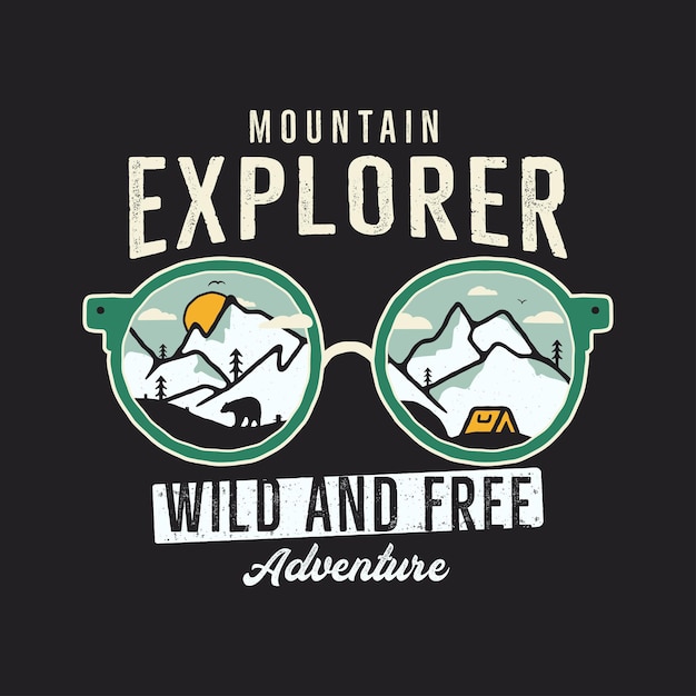 Mountain explorer graphic for t-shirt, impressões. emblema do acampamento vintage mão desenhada. cena de viagens de inverno verão retrô, distintivo incomum. rótulo de aventura selvagem e livre. vetor de estoque.