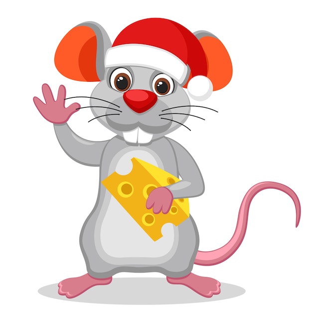 Mouse com um chapéu de natal segurando um pedaço de queijo e acenando sobre um fundo branco. o ano do mouse