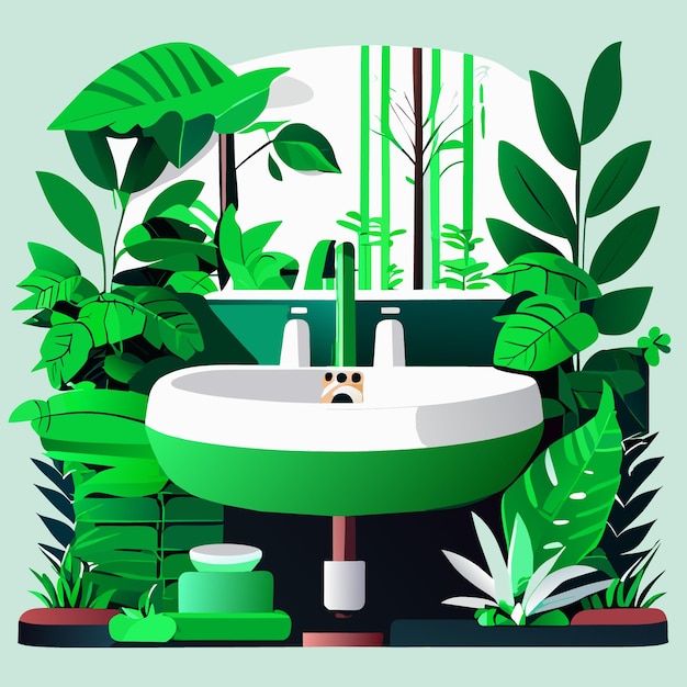 Vetor móveis de banheiro pia design verde árvore de folha limpa