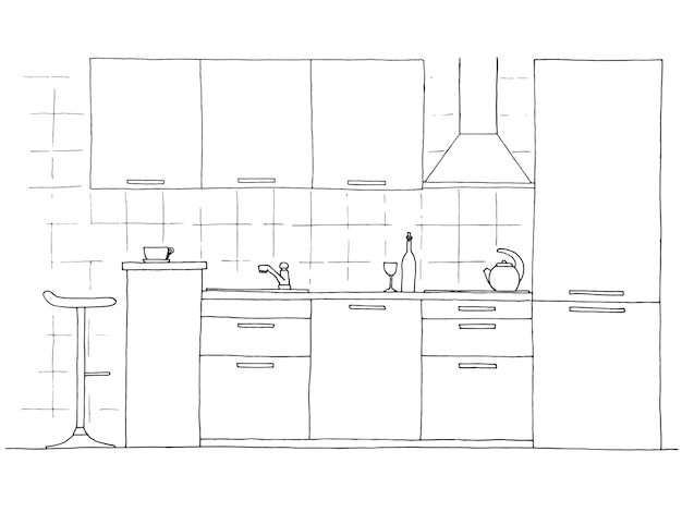 Móveis de cozinha desenhados à mão Ilustração vetorial no estilo de desenho