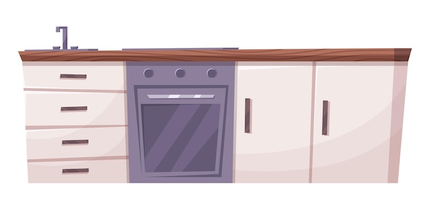 Vetor móveis de cozinha, desenho animado, ilustração de interiores, frigorífico, mesa e cozinha moderna