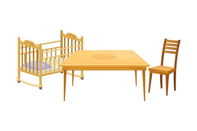 Móveis de madeira com cama de bebê e ilustração vetorial da mesa