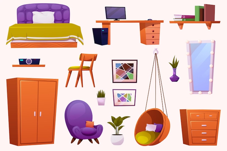Vetor móveis e equipamentos interiores de quarto de adolescente para crianças conjunto de desenhos animados vetoriais de quarto de criança ou adolescente
