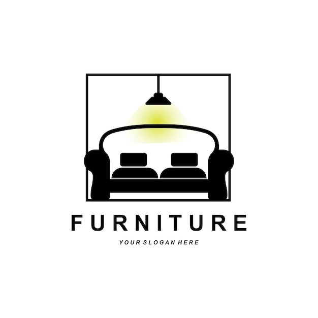Vetor móveis logotipo design de móveis para casa ilustração de ícone de sala de mesa cadeira lâmpada quadro relógio vaso de flores