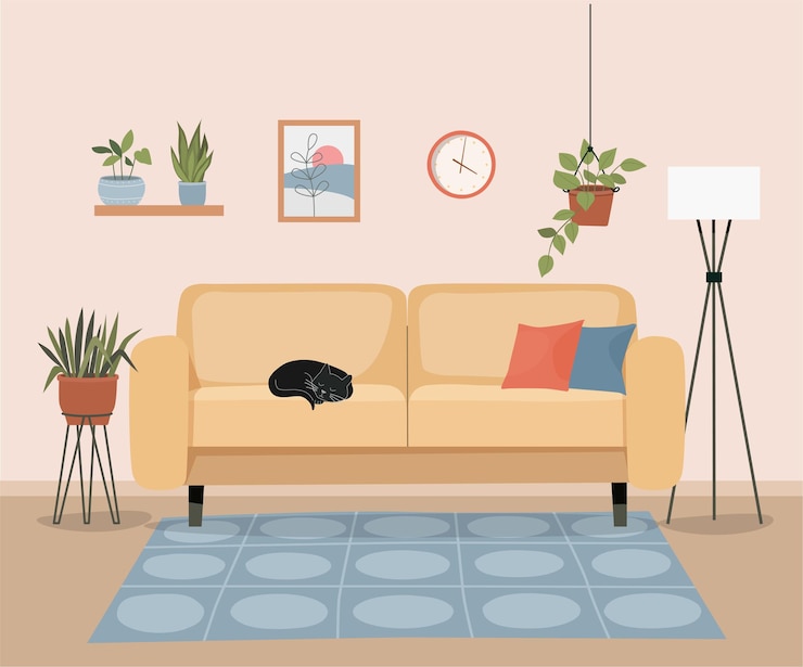 Móveis: sofá, estante, quadro. Interior da sala de estar. Gato dormindo.