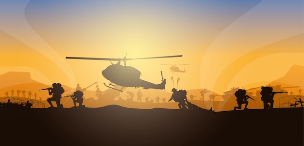 Movendo feridos, ilustração militar, fundo do exército, silhuetas de soldados, artilharia, cavalaria, aerotransportado, exército médico.