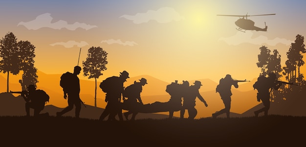 Movendo feridos, ilustração militar, fundo do exército, silhuetas de soldados, artilharia, cavalaria, aerotransportado, exército médico.