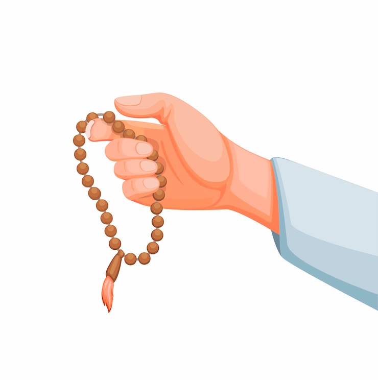 Vetor muçulmano segurando grânulos de oração aka tasbih contando ferramenta para zikr na religião do islã.