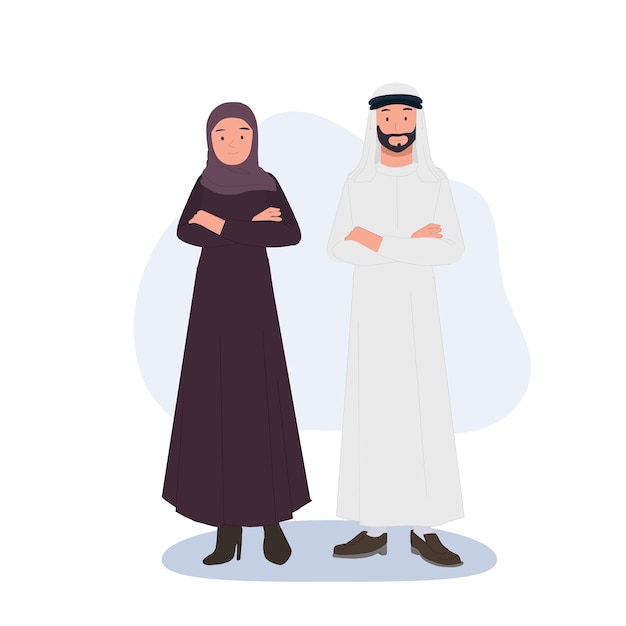 Muçulmanos árabes casais árabes em hijabs tradicionais homem e mulher saudita ilustração vetorial de personagens islâmicos