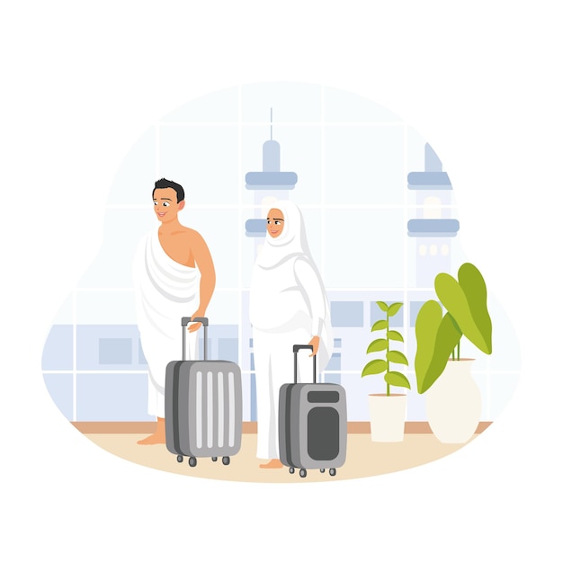 Muçulmanos chegam ao aeroporto de Meca Um casal muçulmano vestindo roupas de ihram enquanto carrega malas