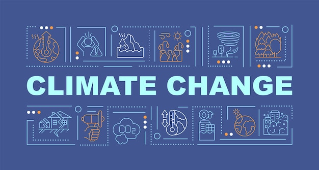 Mudança climática e natureza força bandeira de conceitos de palavra. terremoto. infográficos com ícones lineares em fundo índigo. tipografia criativa isolada. ilustração de cor de contorno vetorial com texto