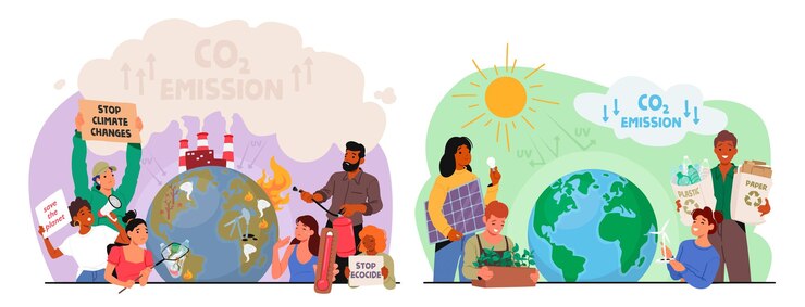 Vetor mudanças climáticas e personagens de conceito de aquecimento global cuidam de plantas na terra e protestam contra tubos de fábrica que emitem fumaça poluição do ar co2 emissão de gás desenhos animados pessoas ilustração vetorial