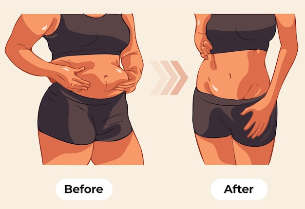 Mudanças no corpo das mulheres antes e depois da aptidão física mostram ilustrações vetoriais