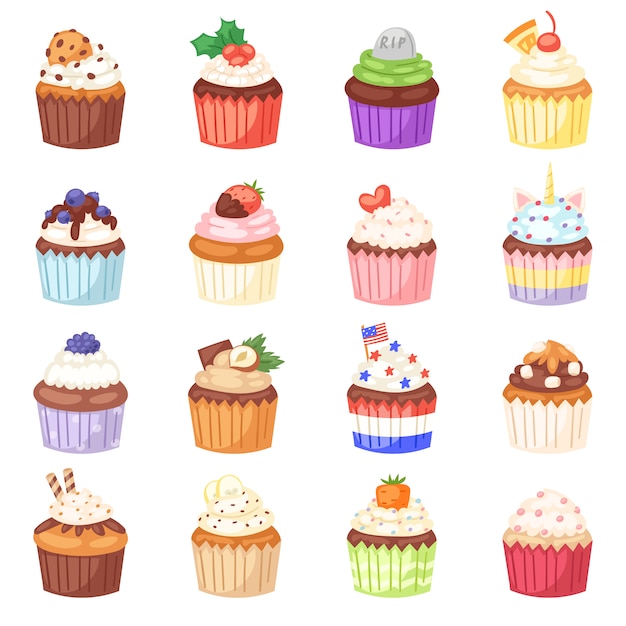 Muffin de cupcake e sobremesa de bolo doce com bagas ou conjunto de ilustração de doces endurecidos de confeitaria com creme e doces na padaria para festa de aniversário em fundo branco