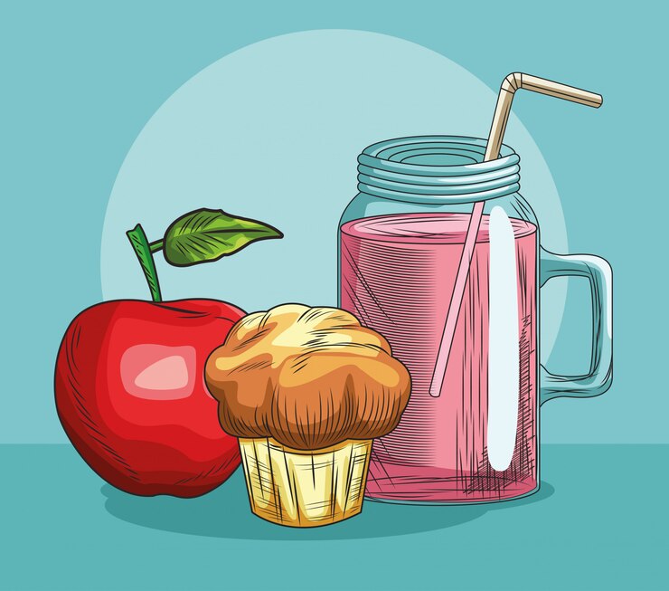 Vetor muffin de maçã e suco de frutas frescas