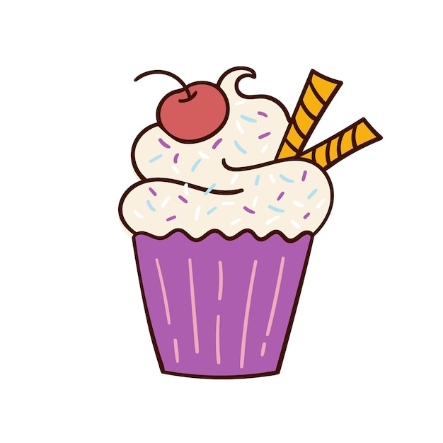 Muffin desenhado à mão em estilo cupcake brilhante e delicioso bolos de sobremesa