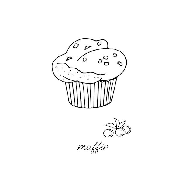 Muffin fofo fresco com pedaços de chocolate e um raminho de mirtilos em um fundo branco preto e