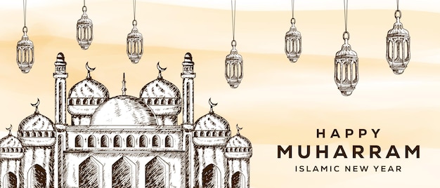 Muharram feliz desenhado à mão e banner de saudação de ano novo islâmico