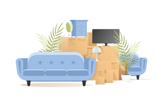 Muitas caixas e outras coisas Conceito de mudança de casa Isolado no fundo branco Ilustração em vetor
