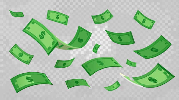 muitas notas de dólar caindo sobre um fundo transparente