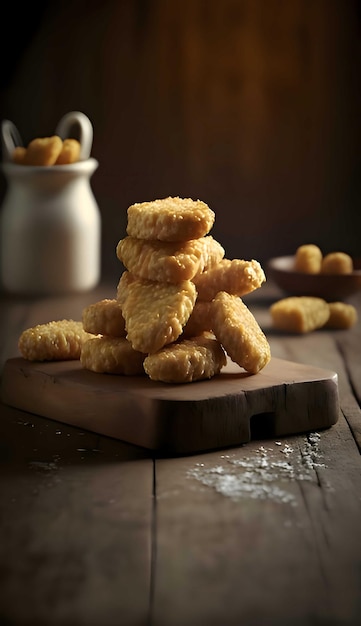 Vetor muitas nuggets de frango fritos em uma tábua de cozinha de madeira