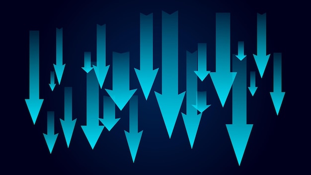 Muitas setas ciano apontando para baixo sobre fundo azul escuro Símbolo de mercado ou economia em queda Banner de notícias