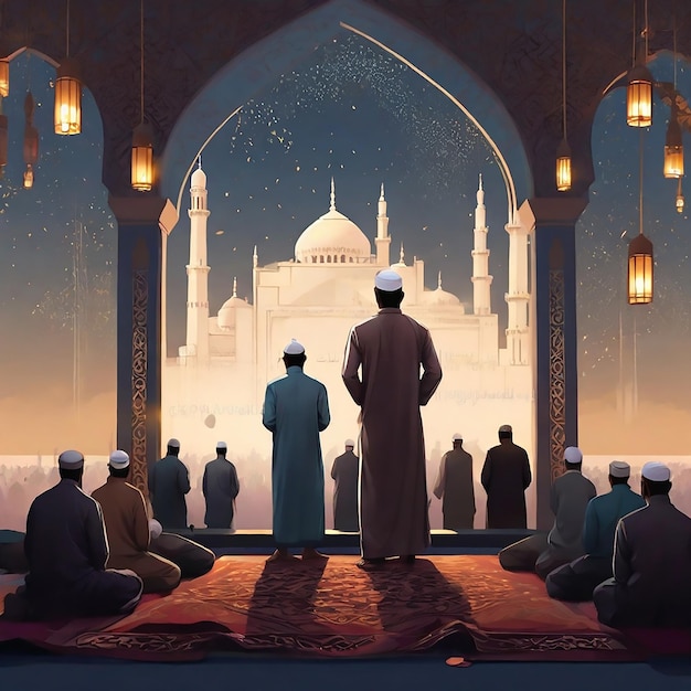 Muitos homens muçulmanos rezam de pé em oração com uma vista da mesquita EidulFitr mubarak dia de fundo