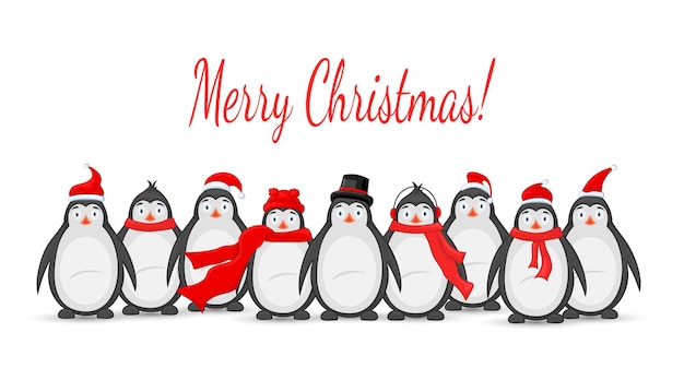 Muitos pinguins polares em fones de ouvido de inverno, boné, chapéu e lenço. postal de ano novo e natal. objetos isolados em fundo branco. modelo de texto e parabéns.