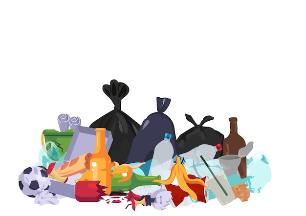 Muitos sacos de lixo Resíduos de plástico no pavimento restos de comida garrafas quebradas caixas de papelão sacos de plástico e canudos de plástico vetor de ilustração de desenho animado estilo plano
