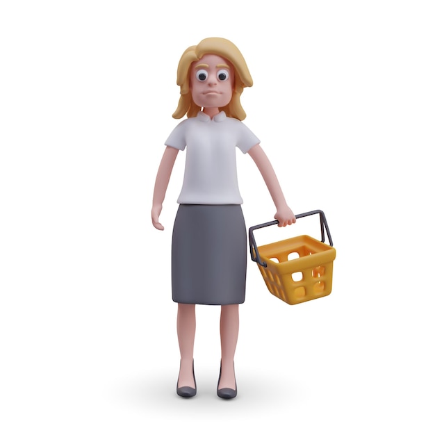 Mulher 3D segurando carrinho de compras amarelo Loira está pronta para fazer compras