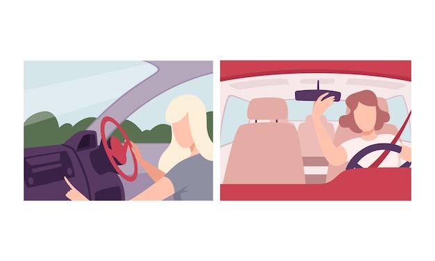 Mulher a conduzir um carro sentada no assento do condutor de um veículo a motor segurando as mãos no volante