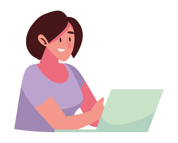 Vetor mulher a estudar com uma ilustração de portátil