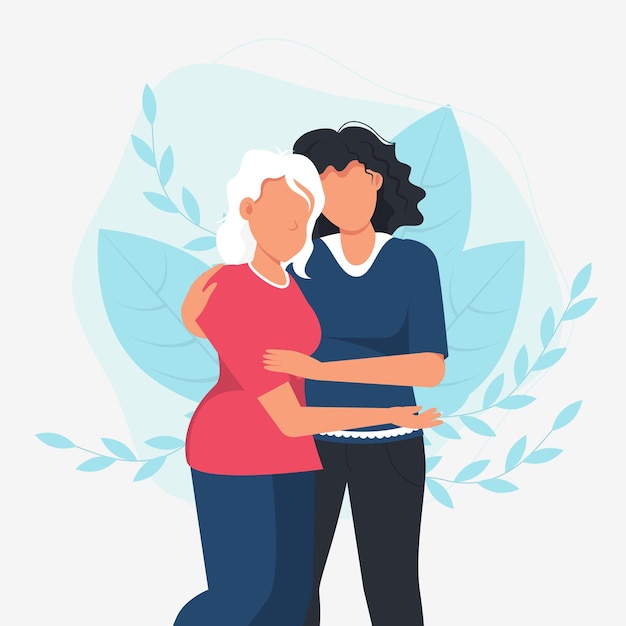 Mulher abraçando a mãe dela. Amor de familia.
