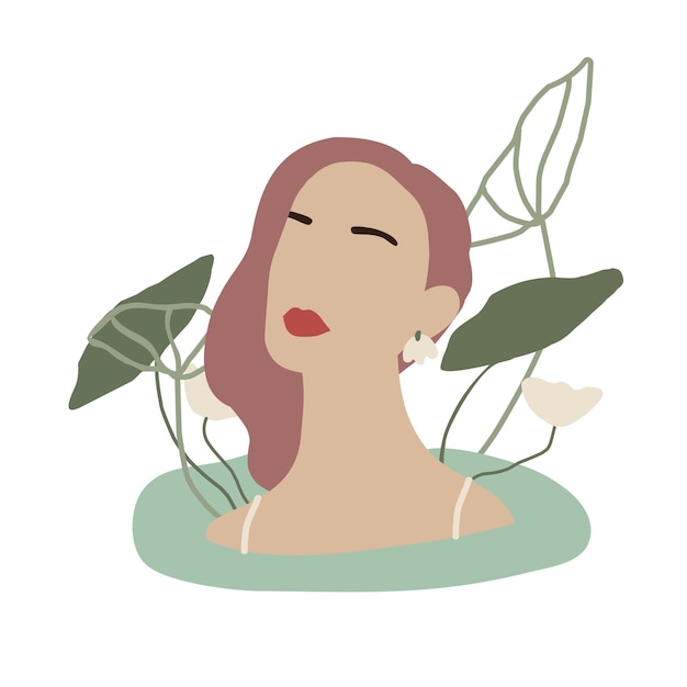 Vetor mulher abstrata em estilo minimalista. retrato feminino moderno sem rosto. menina na água e com folhas verdes da planta para trás. ilustração de moda