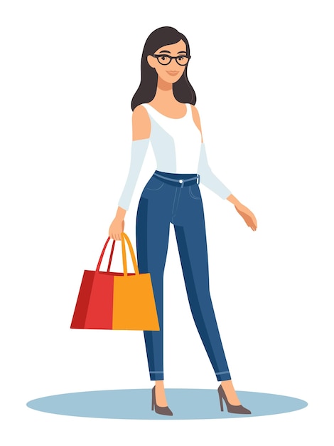 Mulher adulta jovem óculos roupas casuais segurando sacos de compras confiante comprador elegante