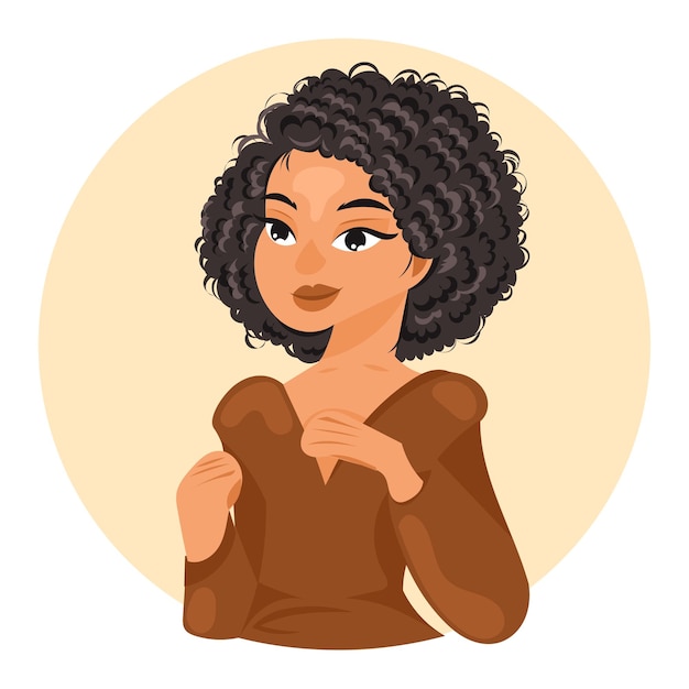 Vetor mulher africana avatar com cabelo preto curto e camisa marrom lindo retrato estilo rosto