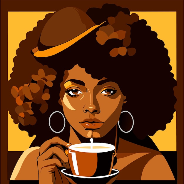 Vetor mulher africana bebendo café quente ou chá desenhado à mão adesivo de desenho animado plano e elegante