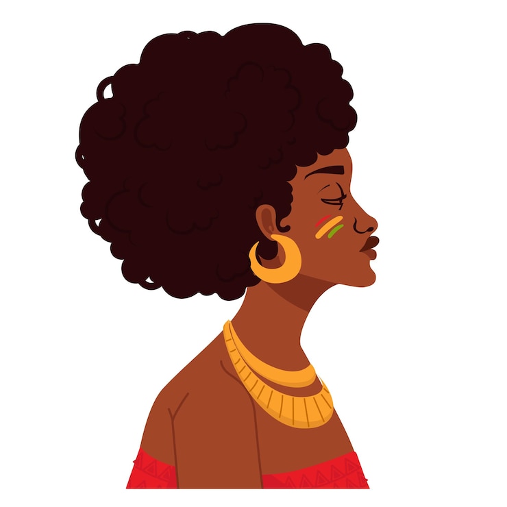 Vetor mulher africana com cachos de jeri e brincos adorna-se com colar e brinquedos seu cabelo afro