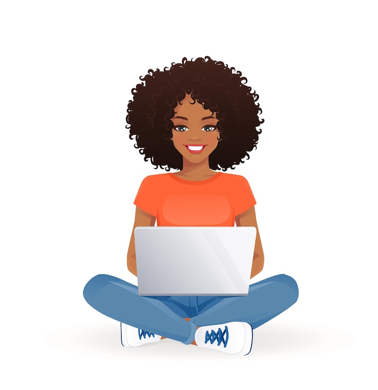 Vetor mulher africana jovem usando computador portátil sentada em postura de lótus com pernas cruzadas vetor isolado