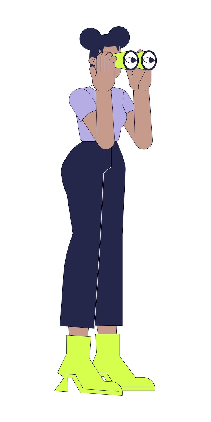Vetor mulher afro-americana com binóculos 2d personagem de desenho animado linear