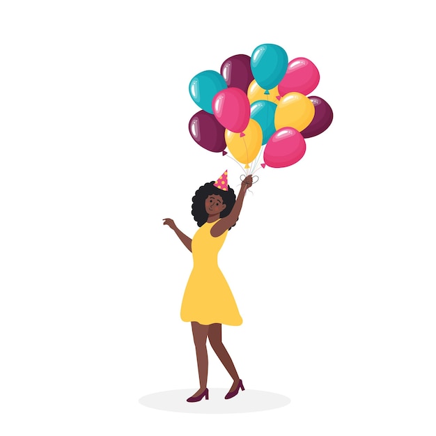 Vetor mulher afro-americana com um chapéu de papel com balões de hélio celebration party birthday birthday