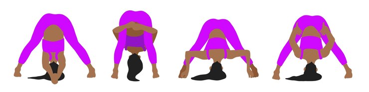 Vetor mulher afro-americana de cabelos compridos em um agasalho roxo poses de pilates de ioga definidas no estilo plano de desenho animado