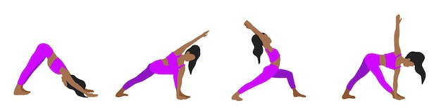 Mulher afro-americana de cabelos compridos em um agasalho roxo poses de pilates de ioga definidas no estilo plano de desenho animado