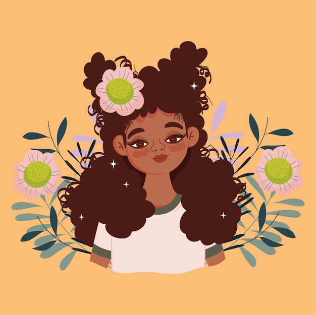 Vetor mulher afro-americana desenho animado flores folhagem retrato ilustração vetorial