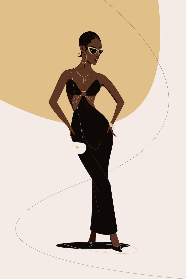 Vetor mulher afro-americana elegante posando em um vestido preto e joias de ouro.